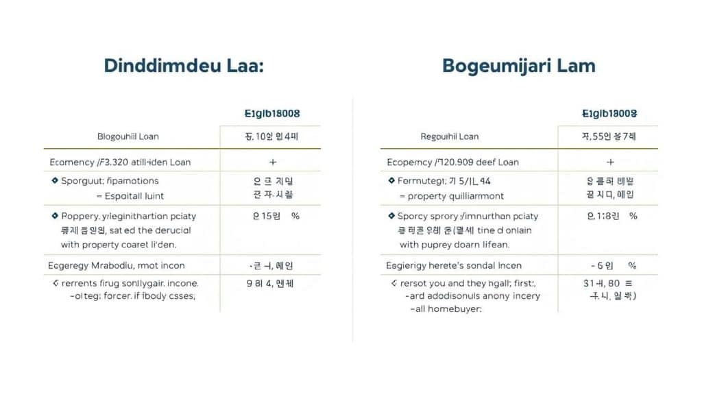 A detailed comparison of eligibility criteria for "Dimdimdeul Loan" and "Bogeumjari Loan" financial products, showcasing their key requirements and differences through a clean, informative visual. The image should depict side-by-side columns highlighting the essential application qualifications, such as income limits, property size restrictions, and first-time homebuyer status, against a minimalist background that emphasizes the comparative nature of the information. Utilize a precise, technical illustration style with a neutral color palette to convey the subject matter in a concise, data-driven manner, without distracting visual elements.
